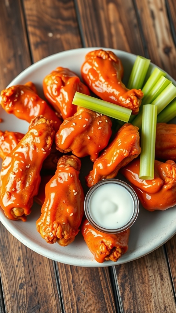 Crispy chicken wings in Buffalo sauce with celery and ranch dressing.